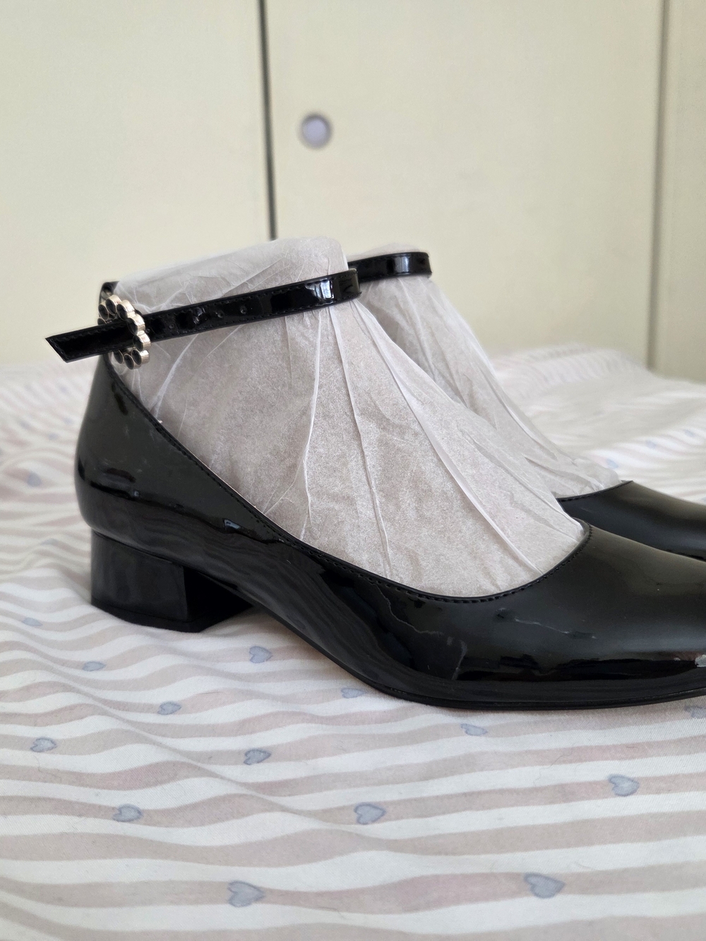 Bandolino Black Patent Mary Jane Block Heel with Jewel Accent